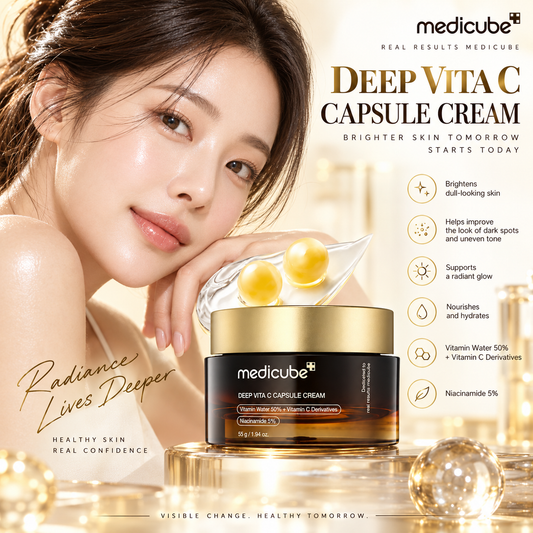 A woman with radiant skin poses beside a jar of Medicube Deep Vita C Capsule Cream on a glossy gold surface, with product text and benefit icons on a warm beige background.