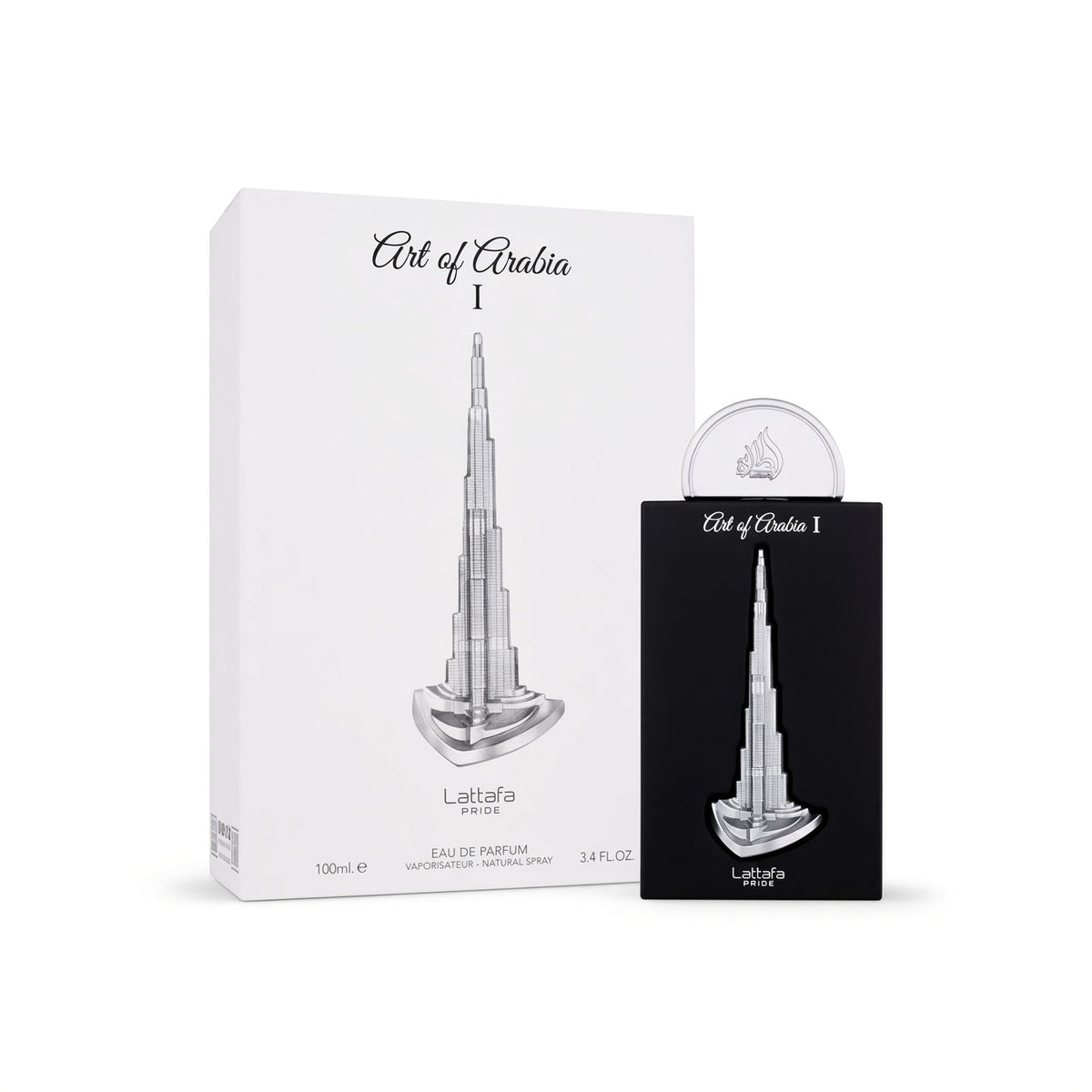 Art of Arabia 1 Laalafa Eau de Parfum shown with its white outer box and a black inner card package holding the perfume bottle, on a clean white background.