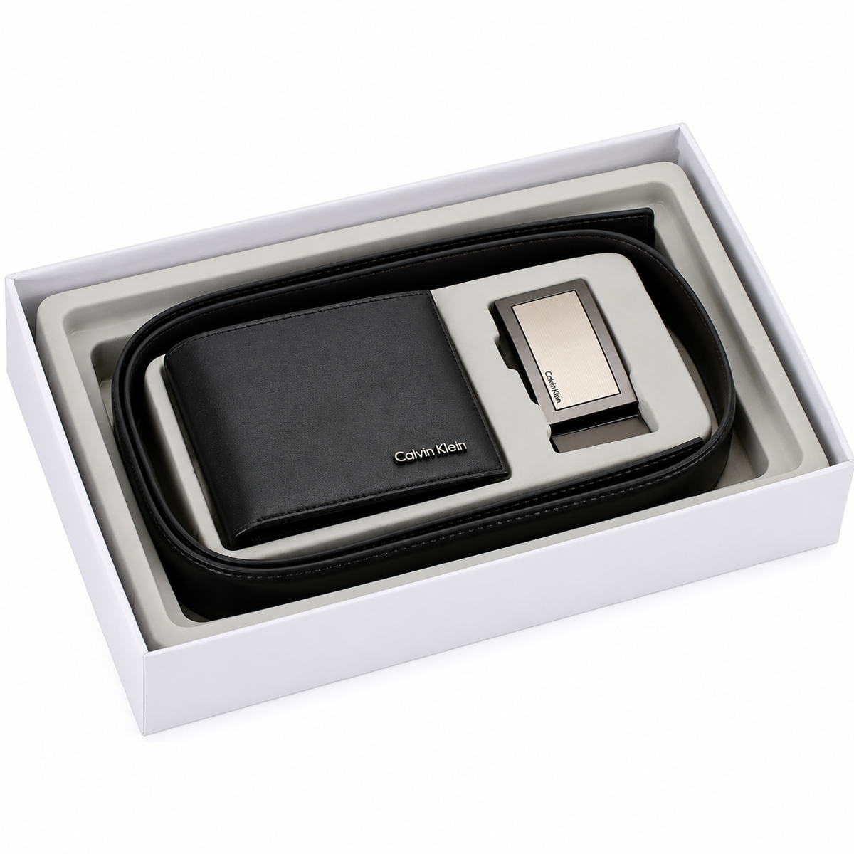 Calvin Klein Men’s Genuine Leather Wallet & Belt Gift Set – Black, CK Buckle