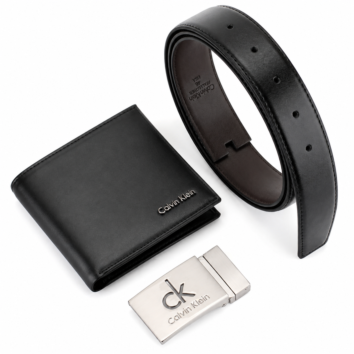 Calvin Klein Men’s Genuine Leather Wallet & Belt Gift Set – Black
