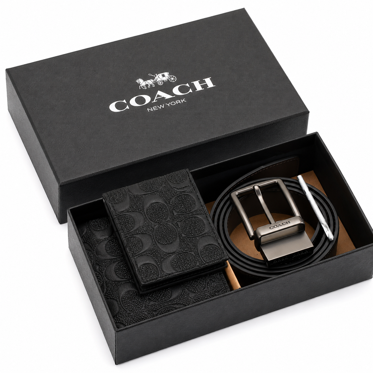 Coach Men’s Genuine Leather Wallet, Card Holder & Belt Gift Set – Black