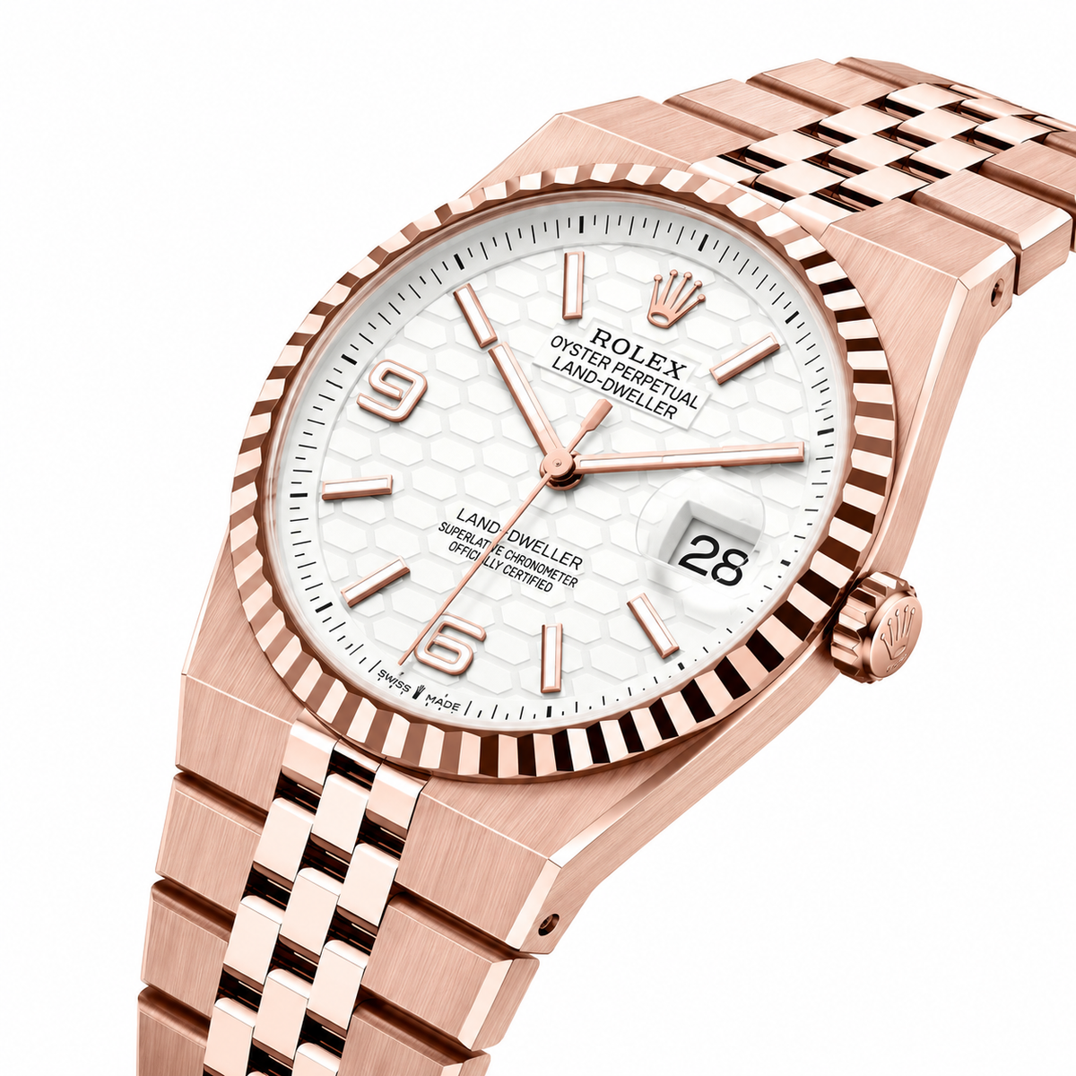 Rolex Land-Dweller 40mm 18 ct Everose Gold – Intense White Honeycomb Dial