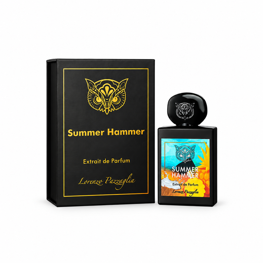 Summer Hammer Extrait de Parfum by Lorenzo Pizzaglin, shown with its black packaging box and a black rectangular perfume bottle featuring a colorful tiger graphic label.
